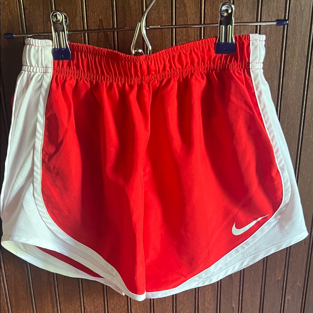 Nike Women’s XS  Red Athletic Shorts with White Perforated Trim and Swoosh